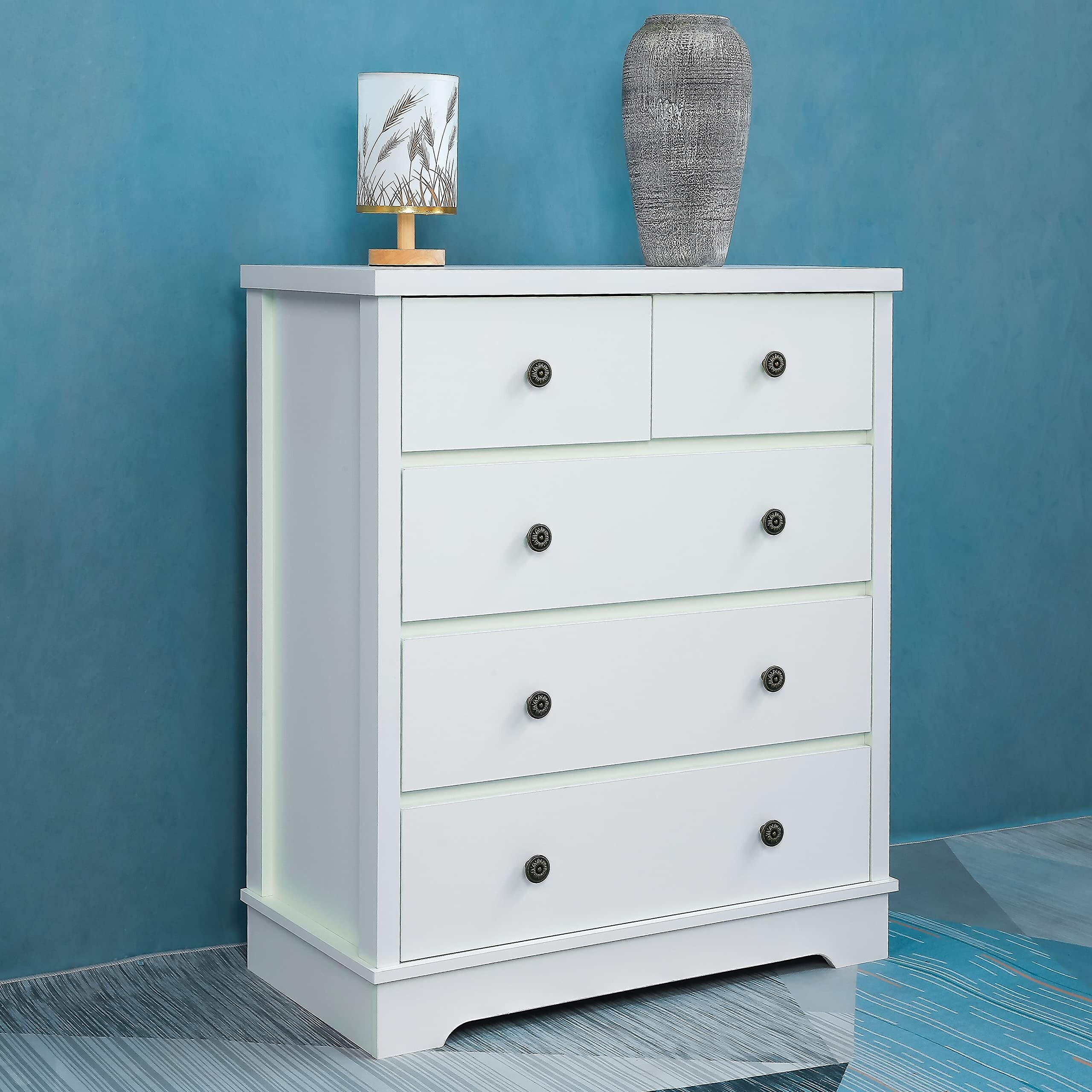 Modern 5-Drawer Cabinet， Wood Storage Cabinet Dresser Chest Accent Cabinet with Pewter Knobs and Open Countertop - as picture - - 37668999