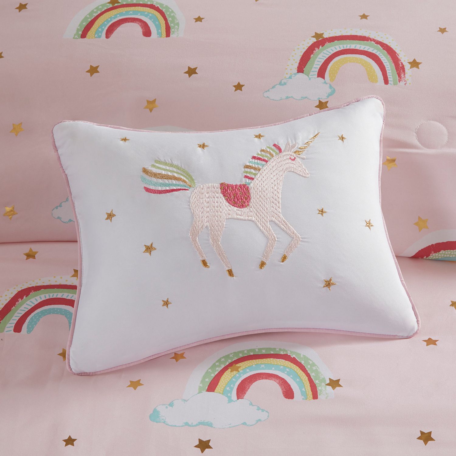 Mi Zone Kids Mia Rainbow and Metallic Stars Comforter Set with Sheets and Throw Pillow