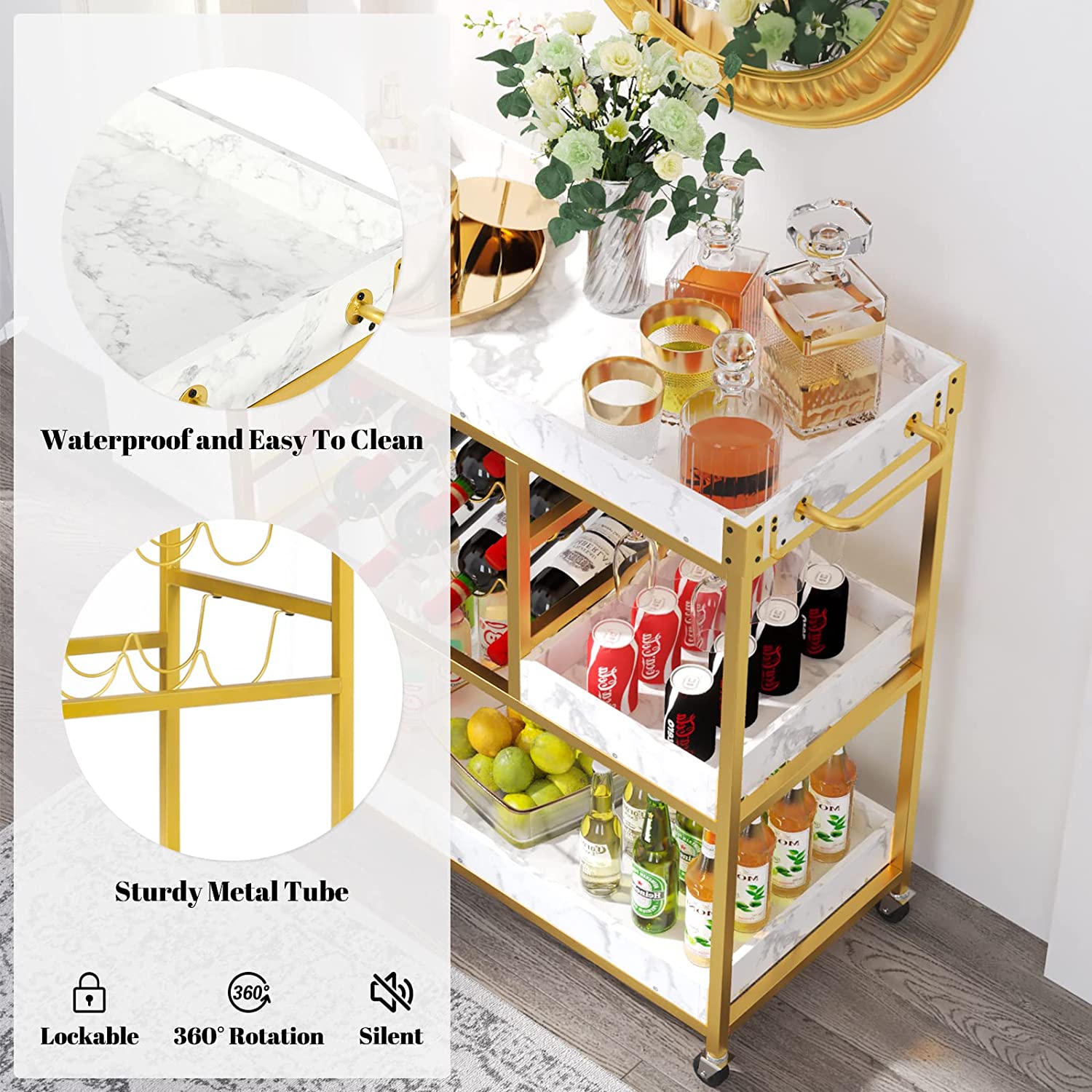 Catrimown Bar Cart Gold， Bar Carts for The Home with 12 Bottle Wine Rack and Wine Glasses Holder， Home Bar Serving Carts with Gold Handle for Kitchen Dining Room