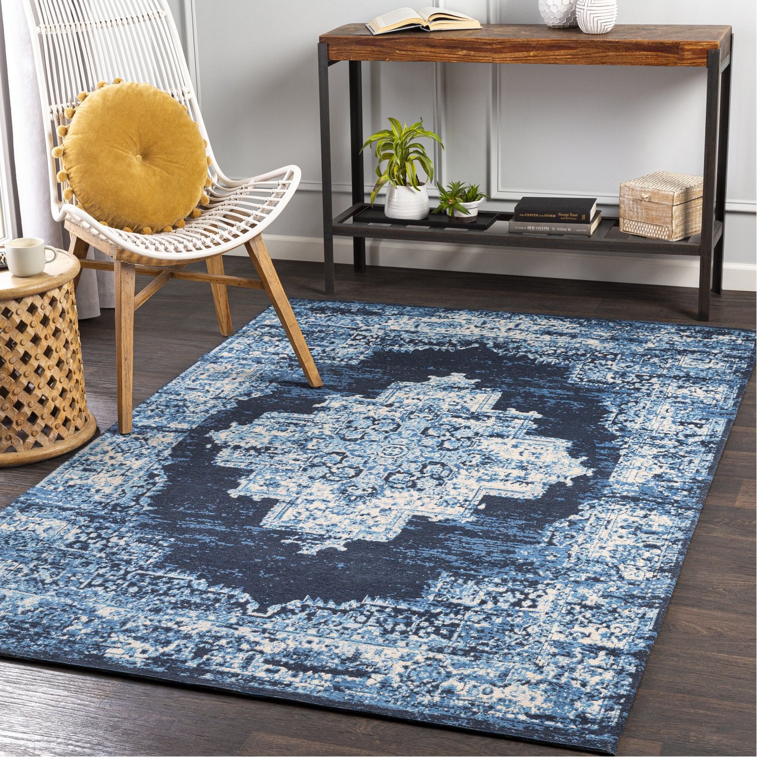 Amsterdam Hand Woven Rug in Navy, Sky Blue, Camel, Beige, Medium Gray