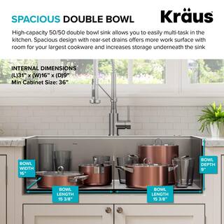 KRAUS Loften 33 in. Drop-inUndermount Double Bowl Stainless Steel Kitchen Workstation Sink with Accessories KWT302-3318