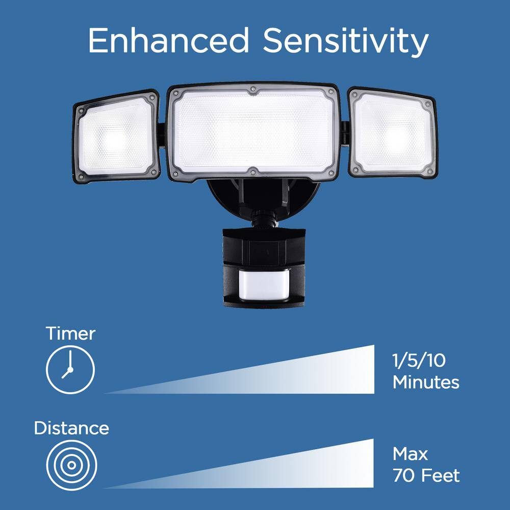 AWSENS 40-Watt 180 Black Motion Activated Outdoor Integrated LED Flood Light with 3 Heads and PIR Dusk to Dawn Sensor AW5483-BK