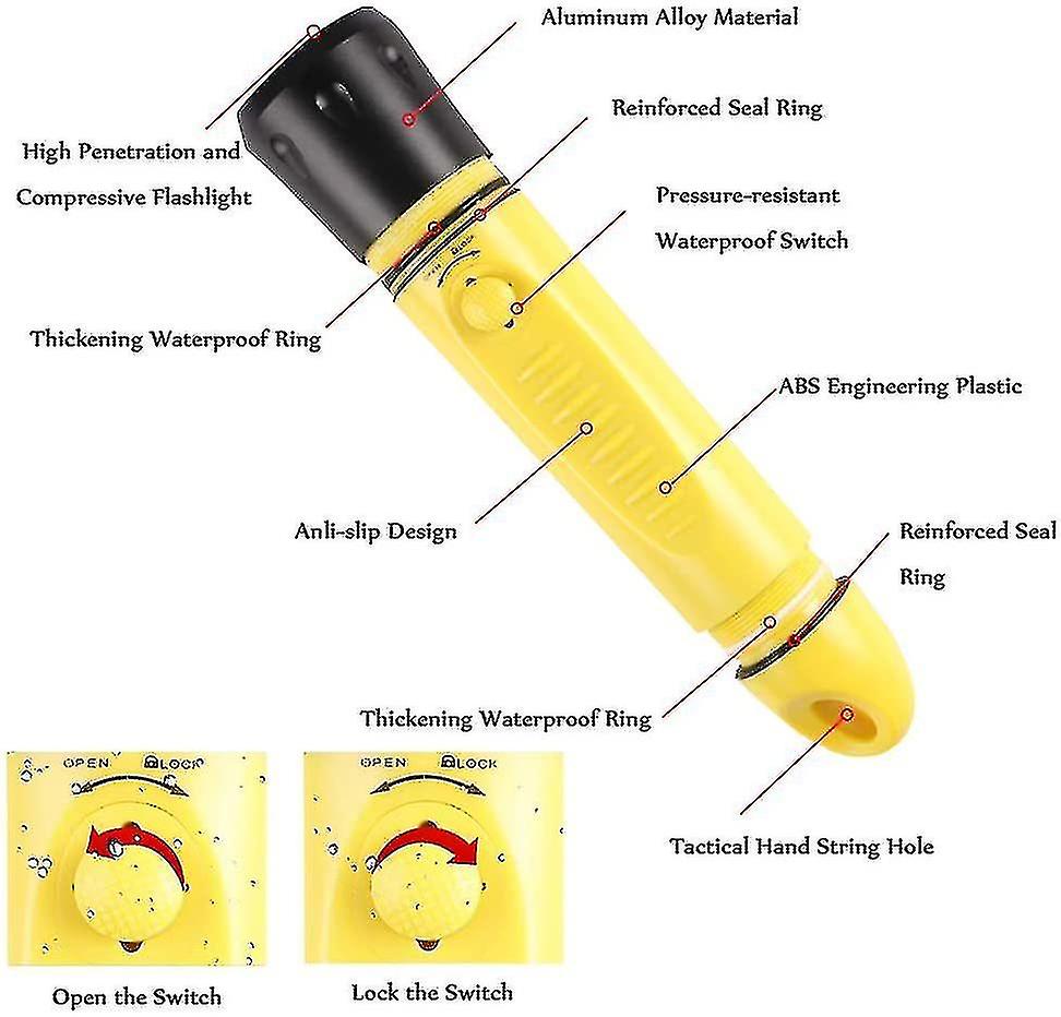 Naiwang Professional Diving Flashlight Waterproof Led Diving Light Torch With Built-in Rechargeable Battery For Scuba Diving， Camping， Hiking，yellow