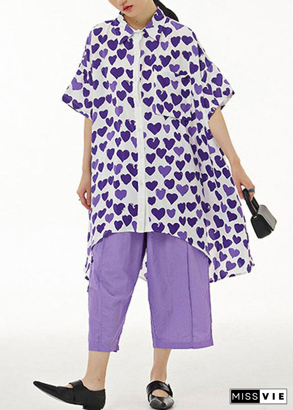 Purple Print Chiffon Shirt Tops Asymmetrical Design Summer