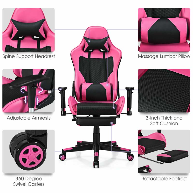 High Back E-Sport Massage Gaming Chair with Footrest & Headrest, Ergonomic PU Leather Gaming Seat, Video Game Chair Computer Chair