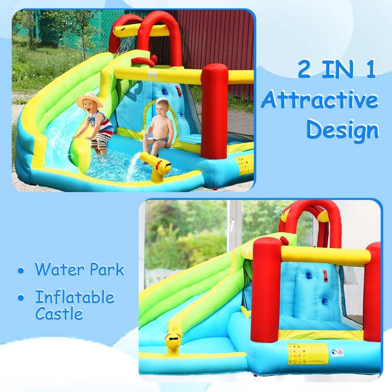 6-in-1 Kids Inflatable Bounce House Water Park with Trampoline, Splash Pool, Climbing Wall, Water Slide & Gun, Basketball Rim