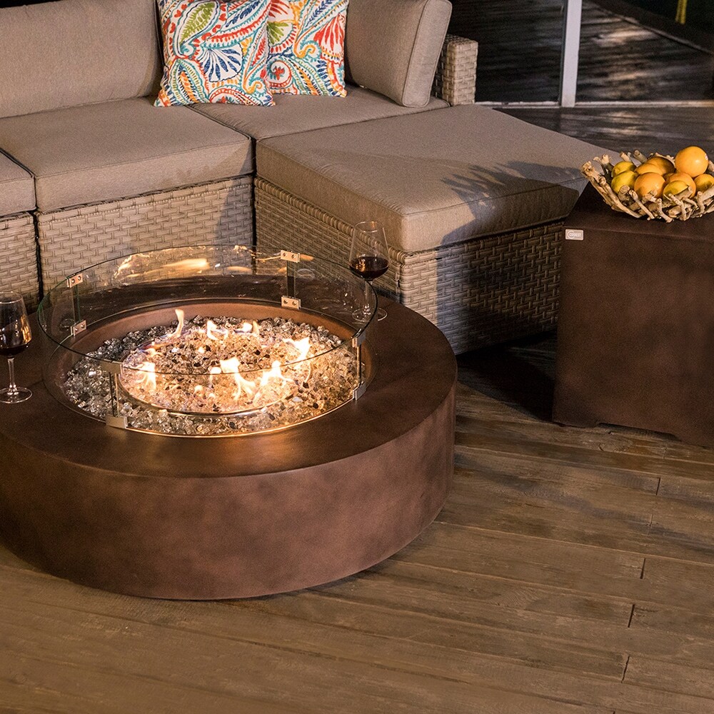 COSIEST Round Dark Brown Outdoor Patio Fire Pit Table with Wind Guard  Tank Table