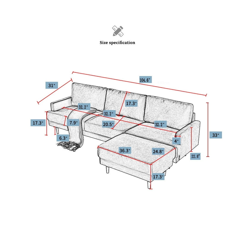 Modern Fabric Sofa L Shape Polyester Padded 3 Seater Sofas Removable Back Cushions Sofas with Ottoman and Rubber Wood Legs