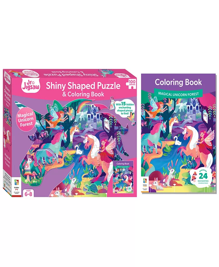 Jr. Jigsaw 100-Piece Jigsaw Puzzle Magical Unicorn Forest Shiny Shaped Puzzle Coloring Book 19.3 x 14.2 Fantasy Themed Jigsaw Unicorns And Fairies Coloring Books Kids Art And Craft Set