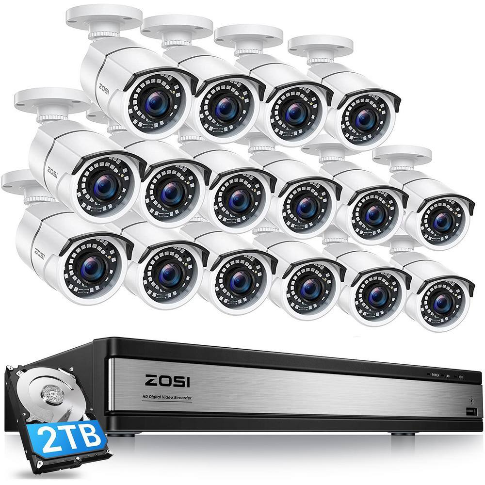 ZOSI 16-Channel 1080p 2TB Hard Drive DVR Security Camera System with 16 Wired Bullet Cameras 16CK-261W16S-20A