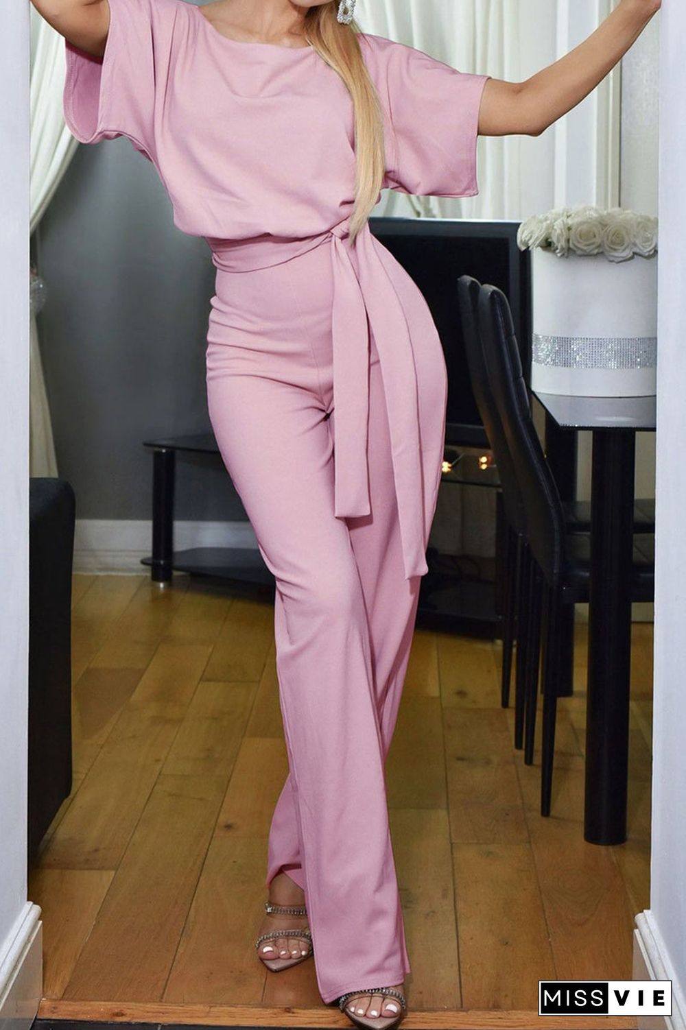 Solid Color Tie Up Plus Size Jumpsuit