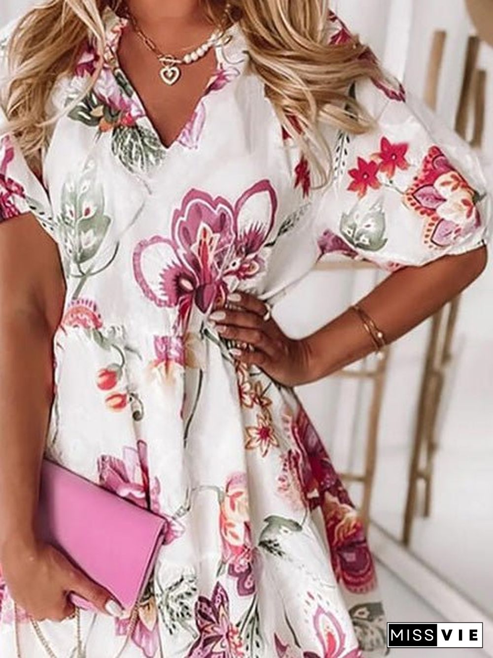 Women'S Dresses Floral V-Neck Short Sleeve Dress