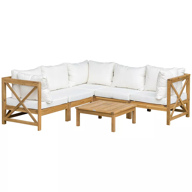 Outsunny 6 Pieces Patio Furniture Set with 4 Thick Cushions， Acacia Wood Outdoor Furniture Sectional Conversation Modular Sofa with Back Pillows for Garden， Backyard， Cream White