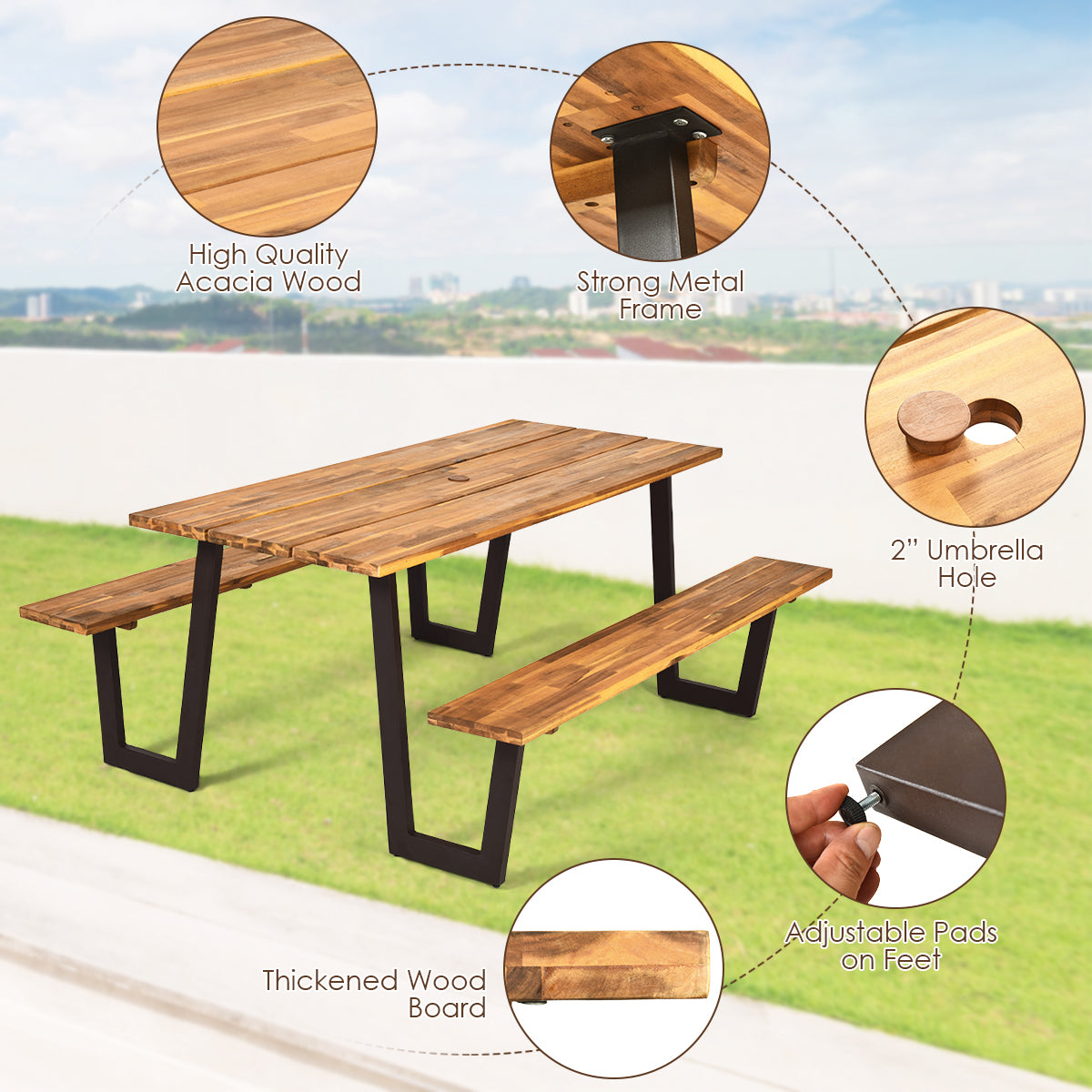 Costway Picnic Table with 2 Benches 70'' Dining Table Set with Seats and Umbrella Hole