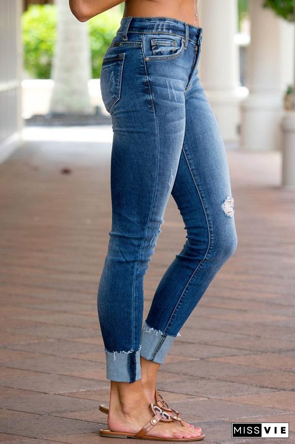 Plus Size Pocket Cuffed Frayed Sexy Denim Pants