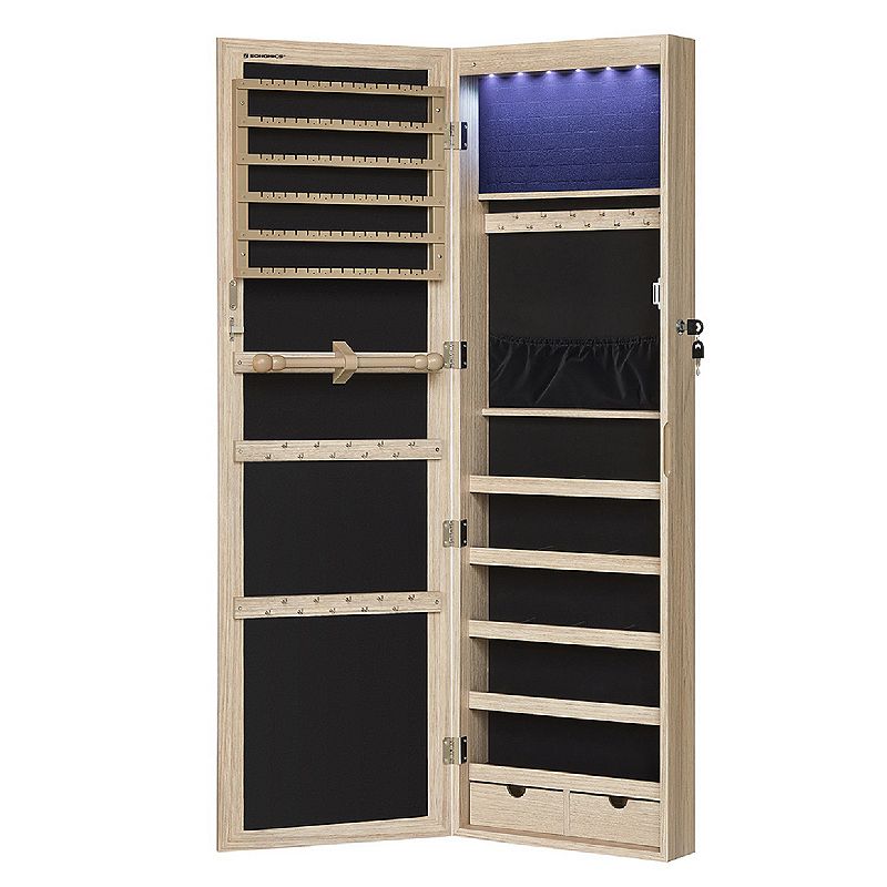 6 LEDs Mirror Jewelry Cabinet， Lockable Wall/Door Mounted Jewelry Armoire Organizer with Mirror