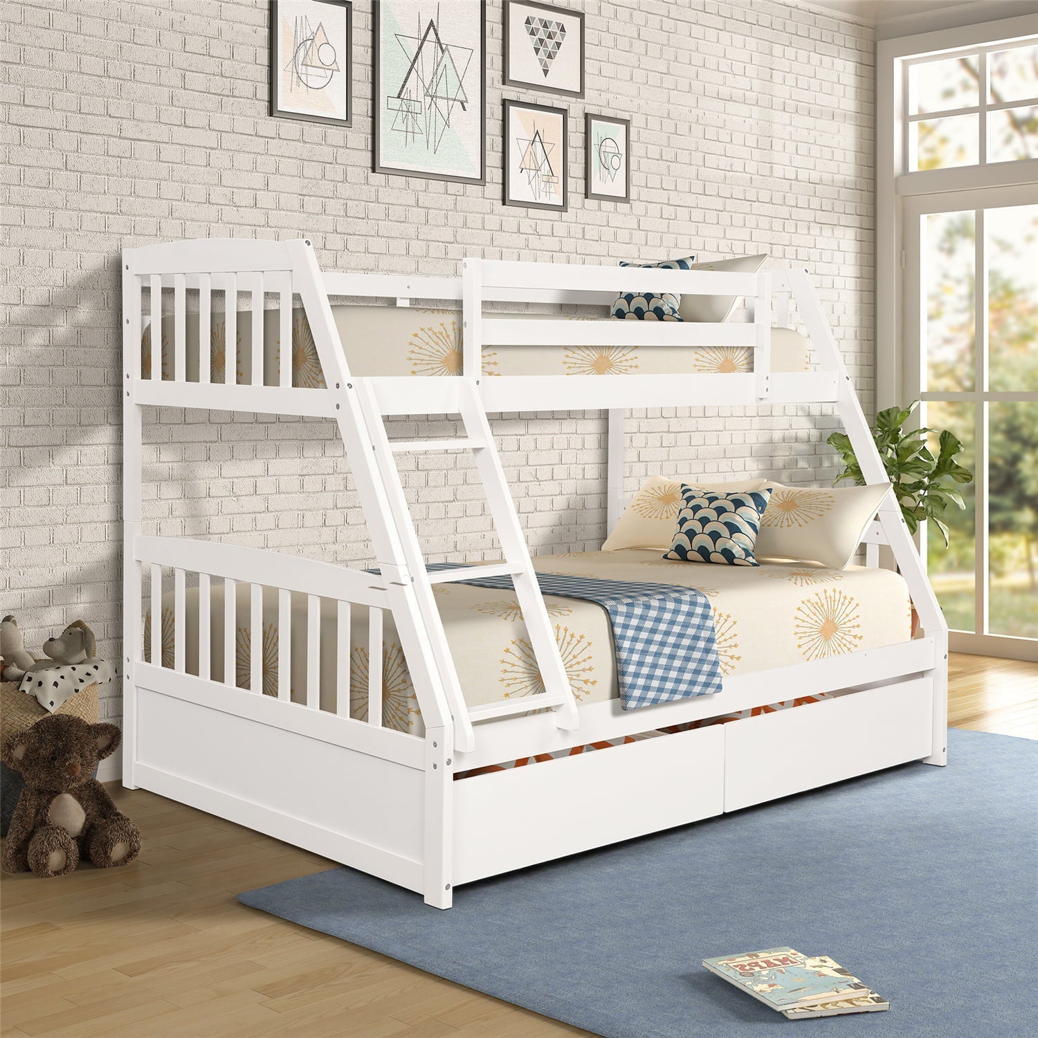 Twin Over Full Bunk Bed with Two Storage Drawers, Pinewood Bed Frame and Ladder with Guard Rails for Toddlers, Kids, Teens, Boys and Girls, White