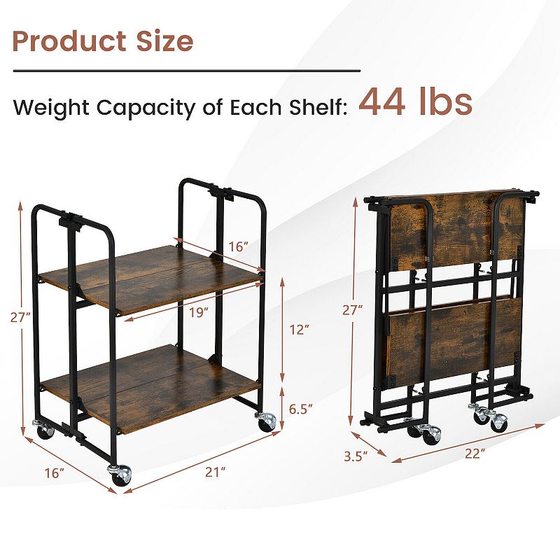 Foldable Rolling Cart with Storage Shelves for Kitchen-2 Tier