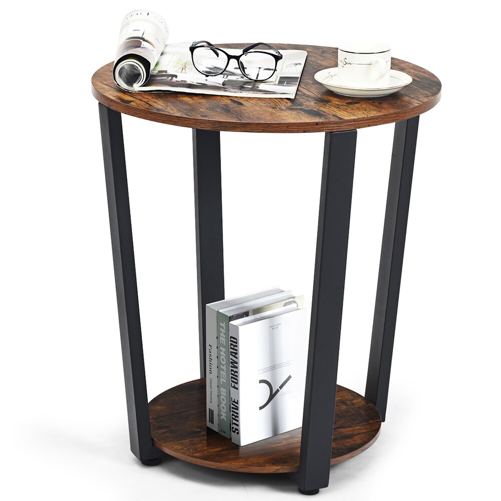 Industrial Round End Table with Metal Frame and Storage Shelf