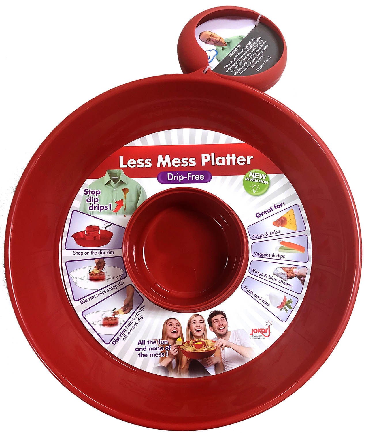 Jokari Less Mess Serving Bowl for Dips， Chips， Veggies and Snacks. Red Rimmed Bowl to Scrape Extra Dip