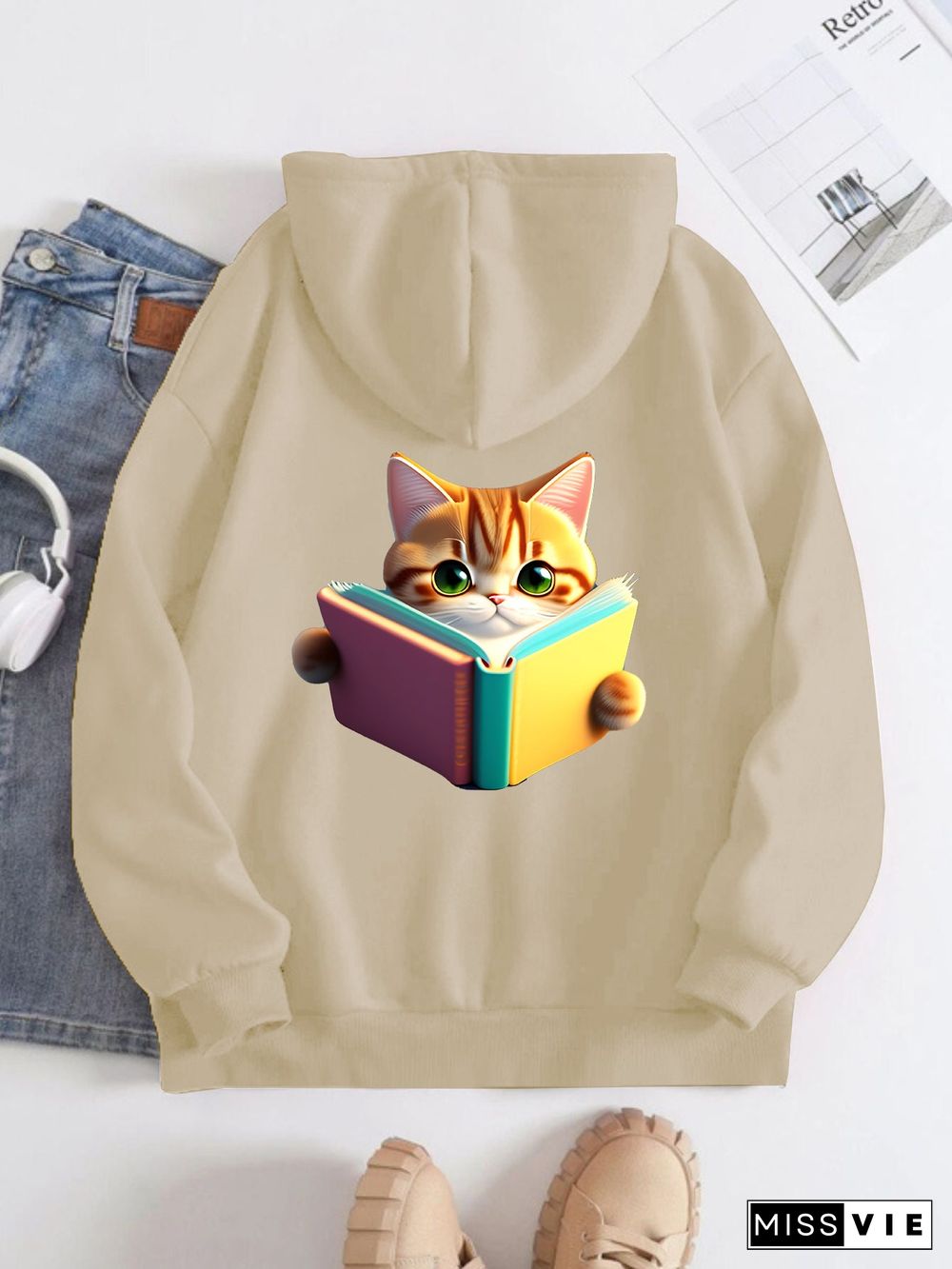 Printed on the Back Kangaroo Pocket Hoodie Long Sleeve for Women Pattern  Cat Reading a Book