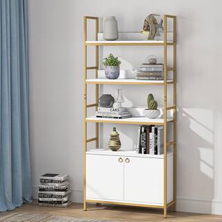 Tribesigns Earlimart 70.9 White Gold Wood Bookcase with Door Etagere Bookshelf with 4-Tier Shelves and Floor Storage Cabinet TJHD-HOGA-F1499