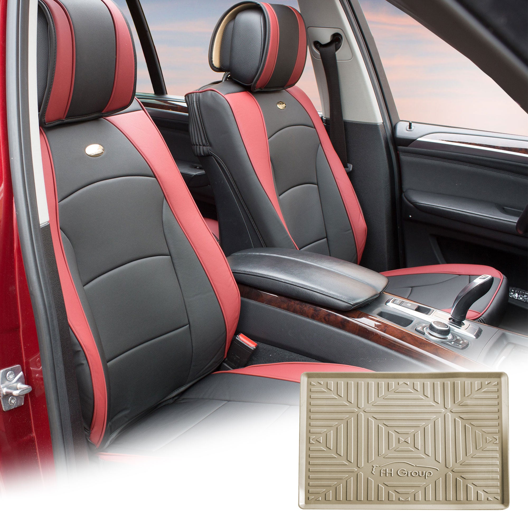 FH Group Burgundy Black Leatherette Front Bucket Seat Cushion Covers for Auto Car SUV Truck Van with Beige Dash Mat