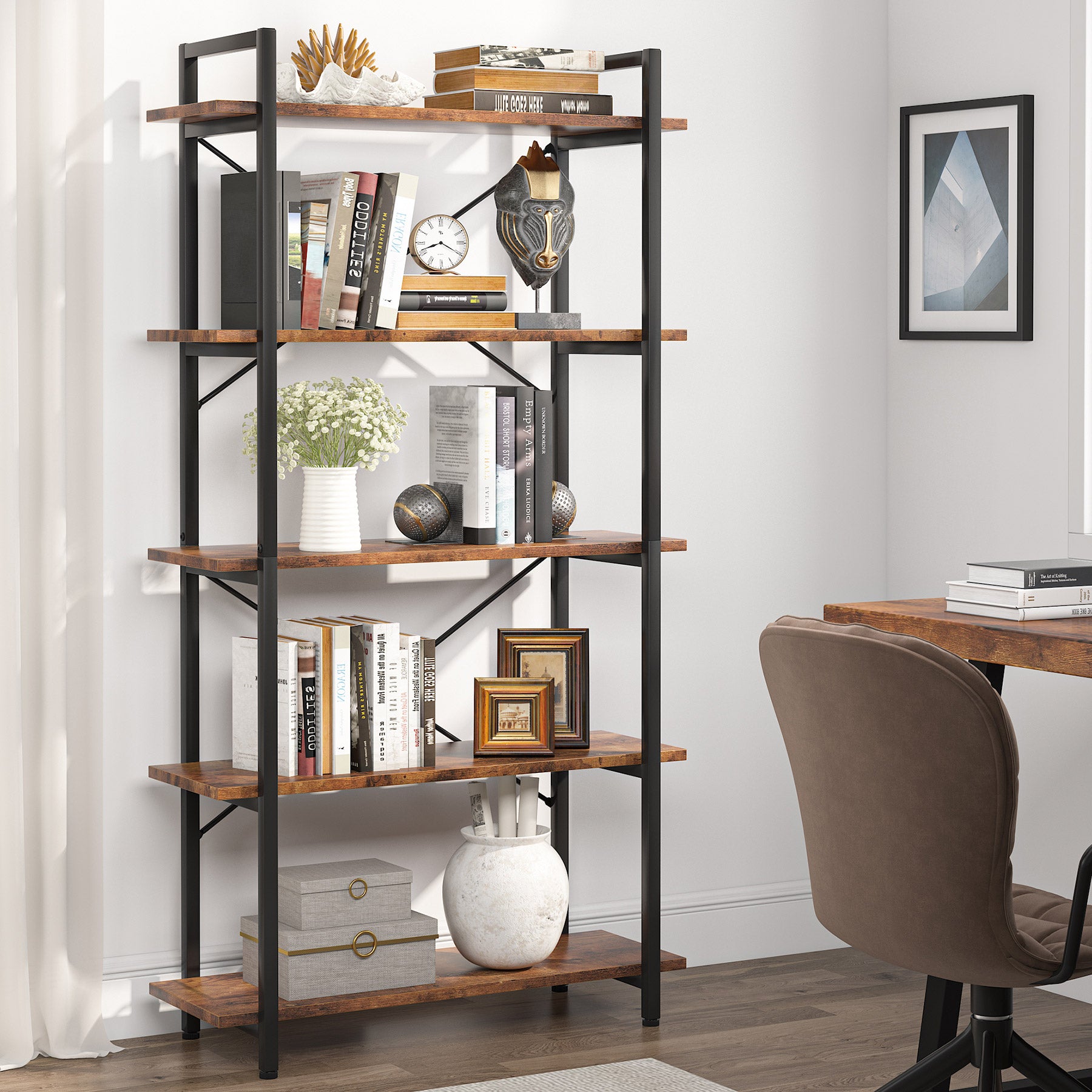 5-Tier Bookshelf, Industrial Etagere Bookcase Display Shelf Unit