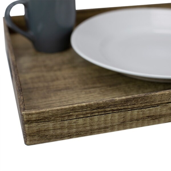 Wood-Like Rustic Serving Tray with Cut-Out Handles， Brown