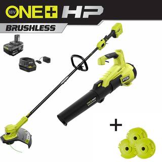 RYOBI ONE+ HP 18V Brushless Cordless Battery String Trimmer  Leaf Blower w Extra 3-Pack of Spools 4.0 Ah Battery  Charger P20121-AC