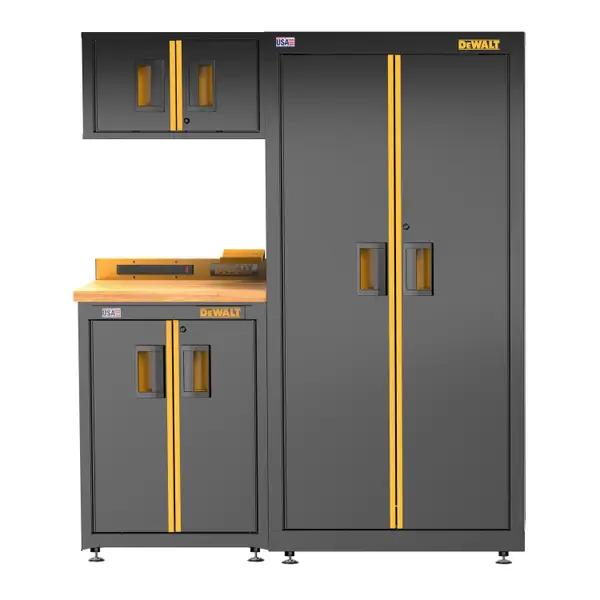 DEWALT 63 Wide， 4 Piece Welded Storage Suite with 2-Door Base Cabinet and Wood Top