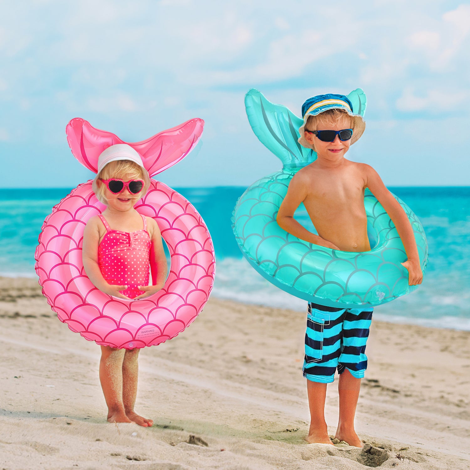 2 Pack Mermaid Pool Float for Kids, MoKo 23" Inflatable Mermaid Swimming Ring Floating Bed, Mermaid Tail Tubes Beach Pool Float for Child, Rose Gold & Blue