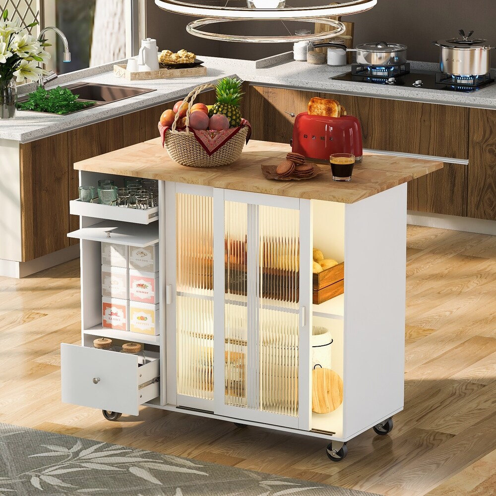 Kitchen Island with Drop Leaf  LED Light Kitchen Cart on Wheels with 2 Glass Doors and 1 Flip Cabinet Door  Kitchen Island Cart