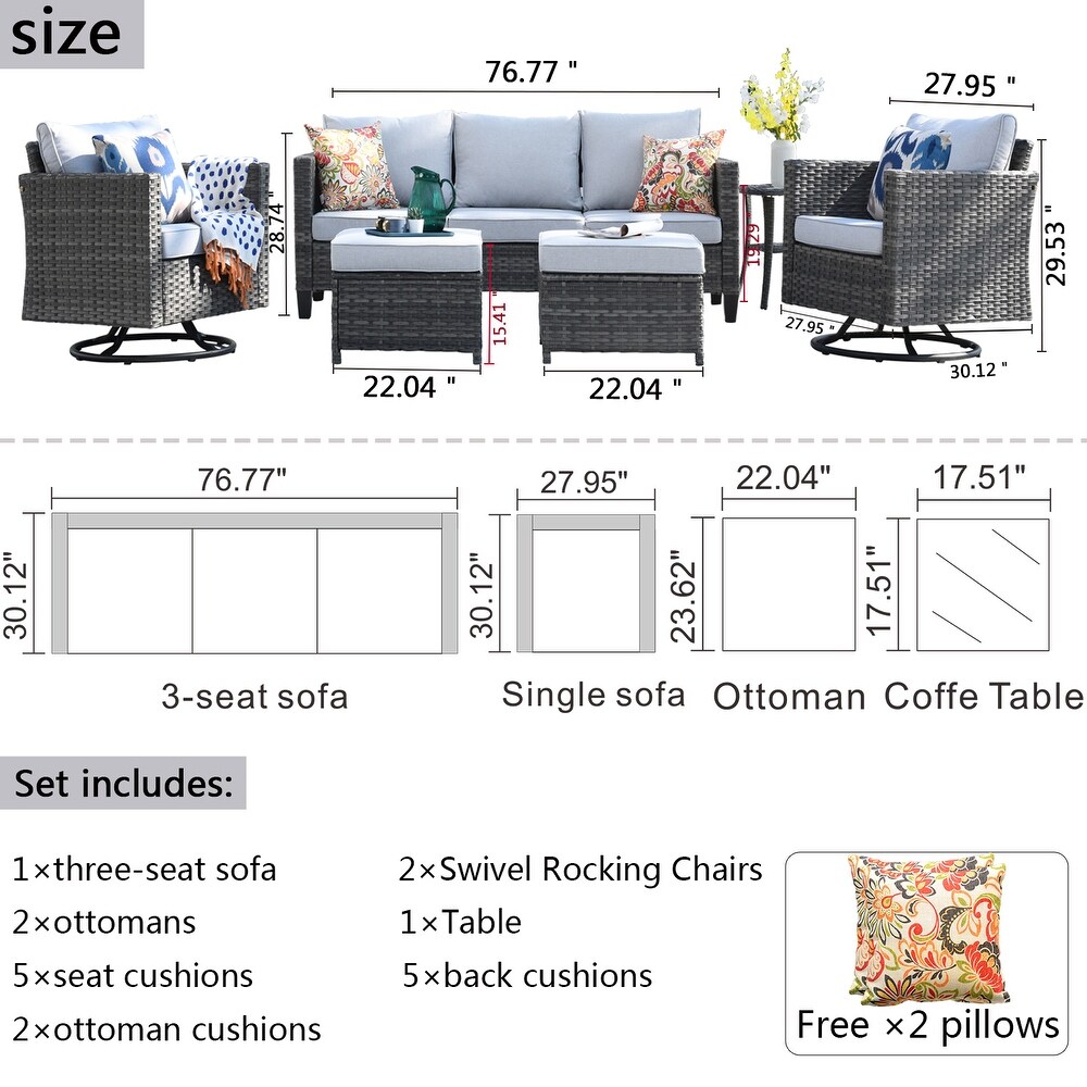 OVIOS Wicker Sectional Sofa and Swivel Rocking Chair 6 piece Set