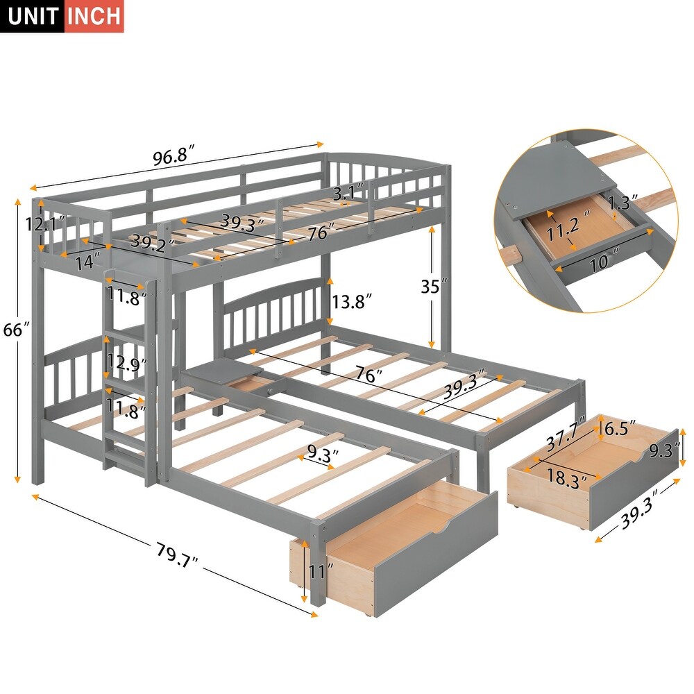 Gray Full over Twin   Twin Bunk Bed Triple Bunk Bed with Drawers