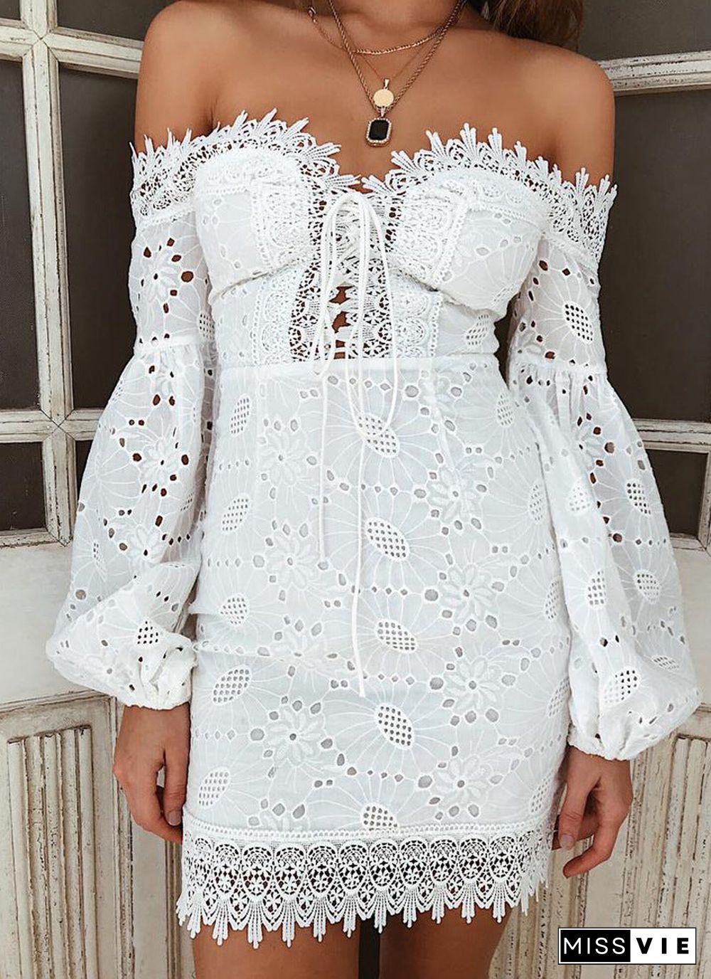 Eyelet Cotton Front Lace Up Off The Shoulder Bodycon Dress