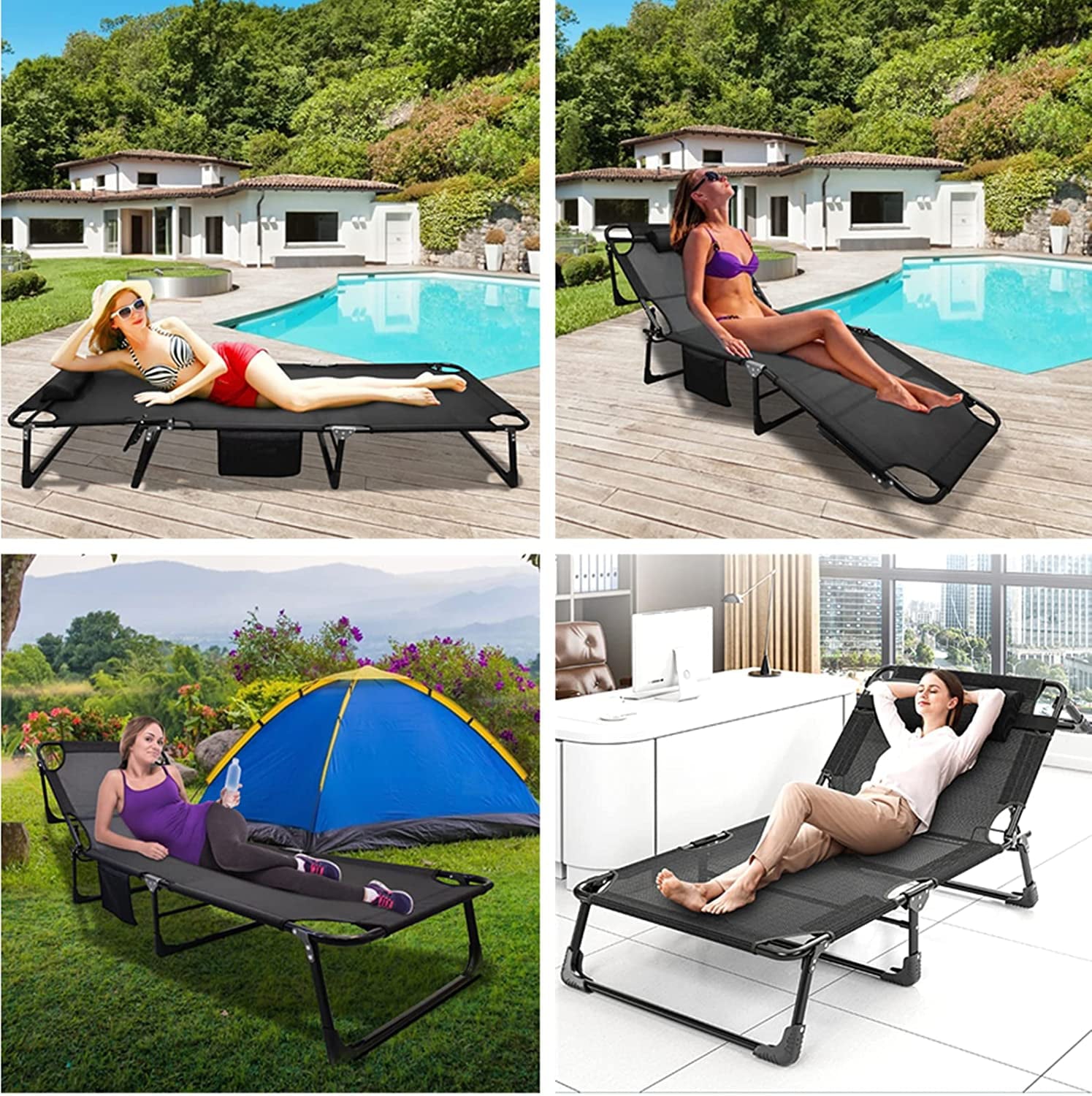 ABORON Camping Cots for Adults, 4- position Adjustment Folding Chaise Lounge Chair, Folding Cots, Sleeping Cots with 2-Sides Cotton Mattress & Pillow