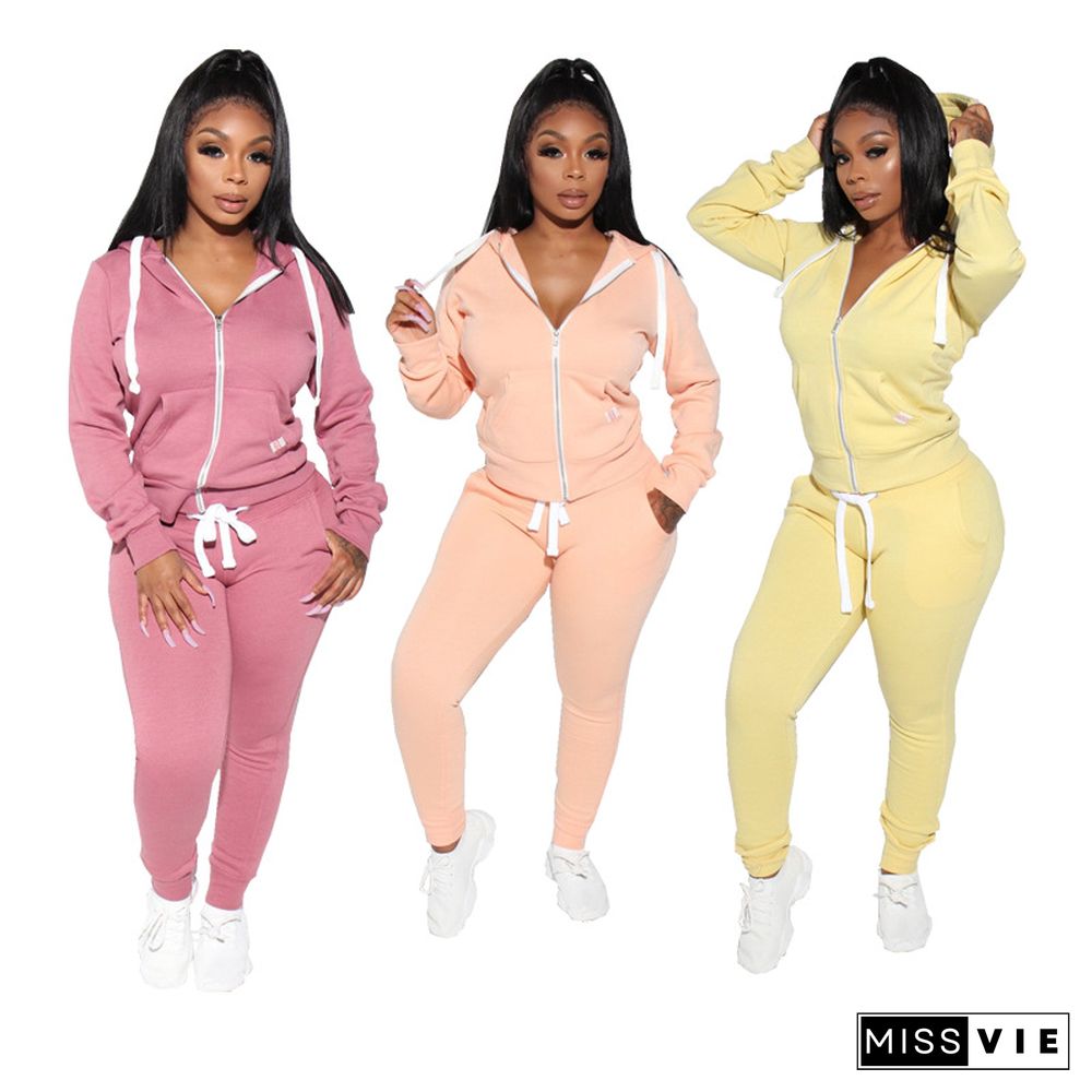 Solid Color Zipper Hoodie Skinny Pants Two Pieces Set