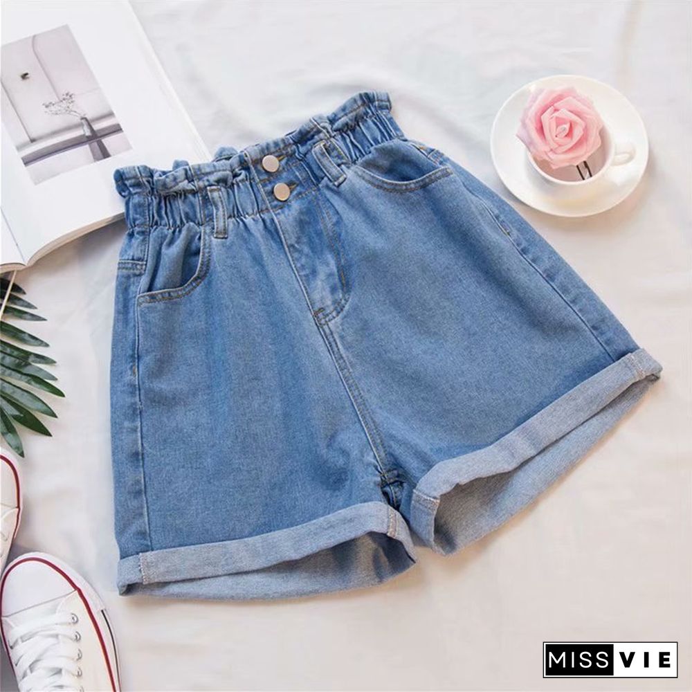 Denim Shorts Women Summer Korean Style Fashion Elastic High Waisted Shorts Oversize Ladies Loose Wide Leg Short Jeans for Woman