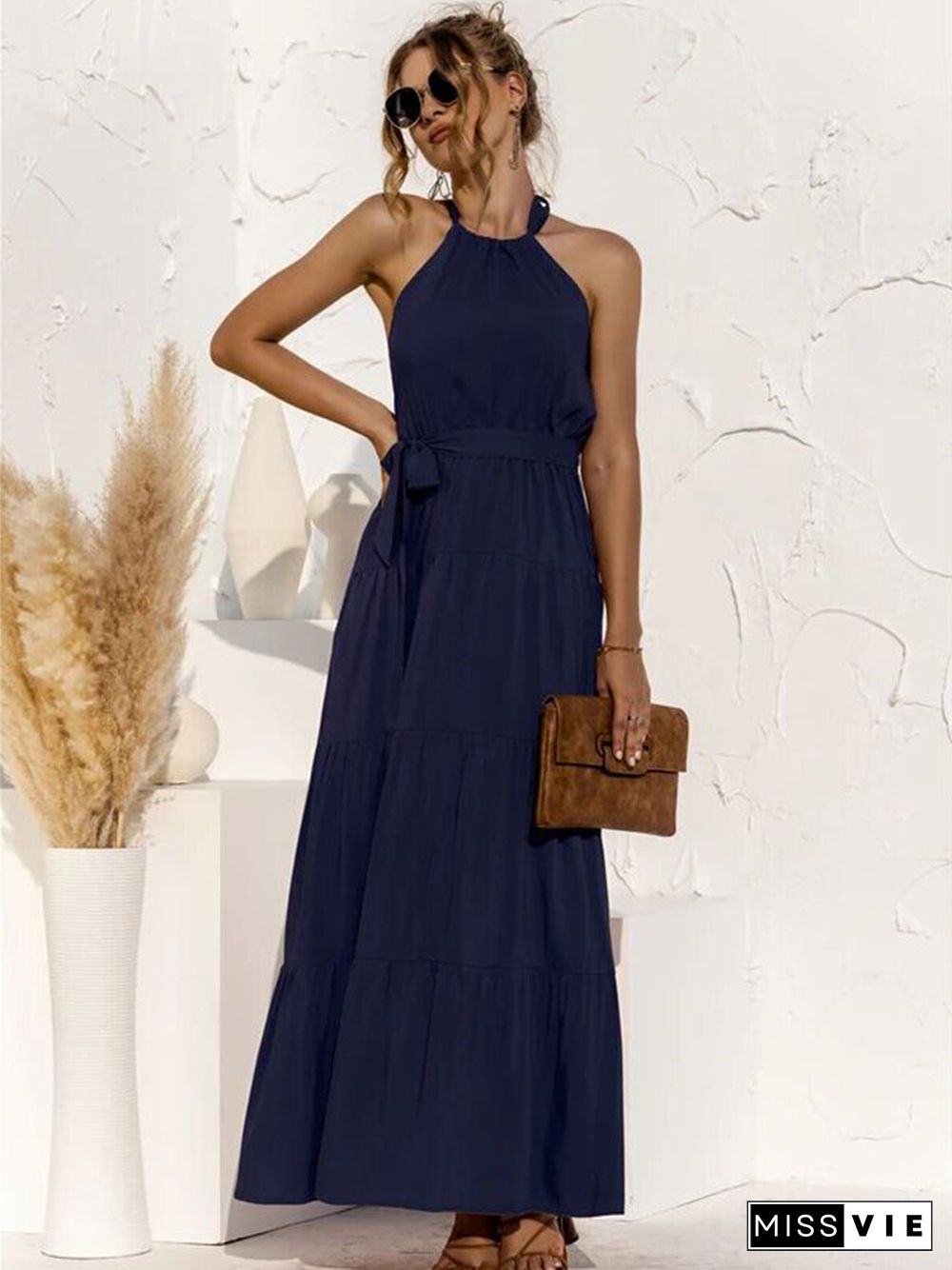 Tie Waist Round-Neck Spaghetti Strap Backless Maxi Dress