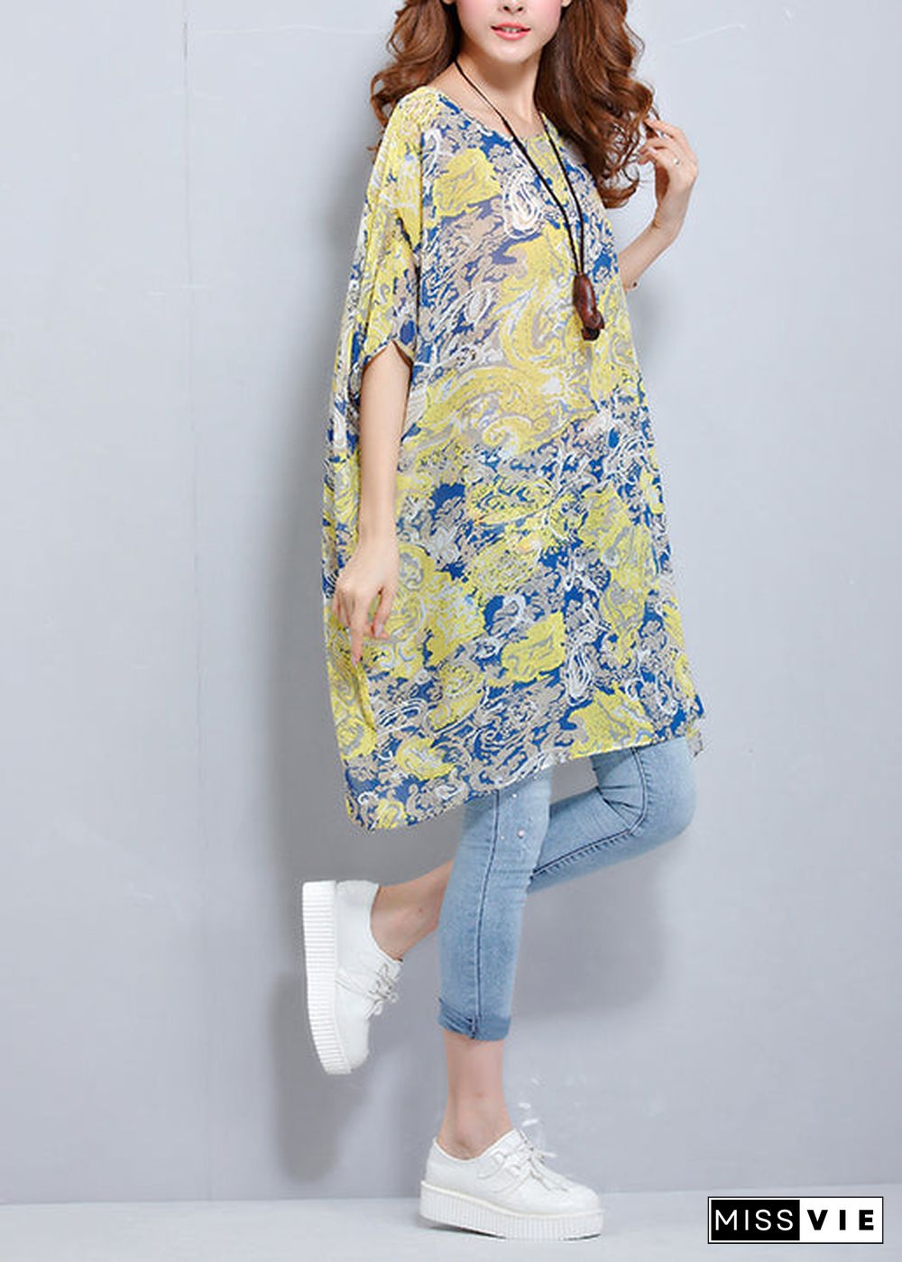 Simple o neck Batwing Sleeve chiffon tunic pattern plus size Photography floral blouses Summer