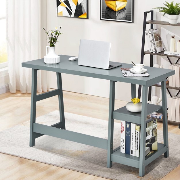 Tangkula Trestle Computer Desk Indoor Office Workstation For Home Office With 2 tier Storage Shelves