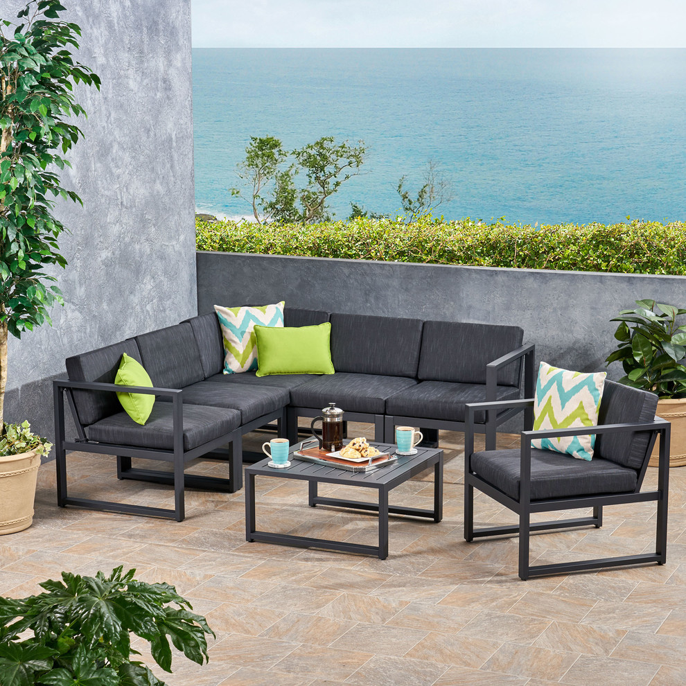 Quick Outdoor Aluminum 6 Seater Sofa Set   Transitional   Outdoor Lounge Sets   by GDFStudio  Houzz