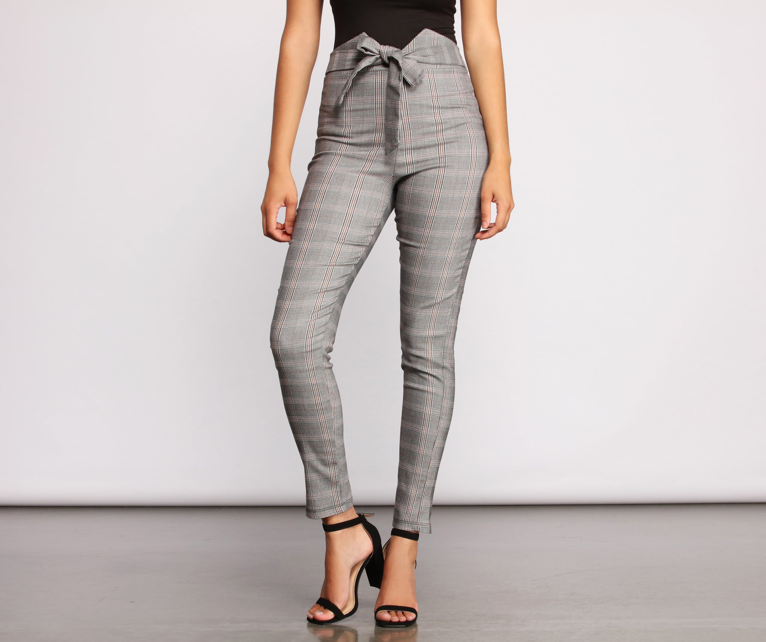 High Waist Tie Front Plaid Skinny Pants