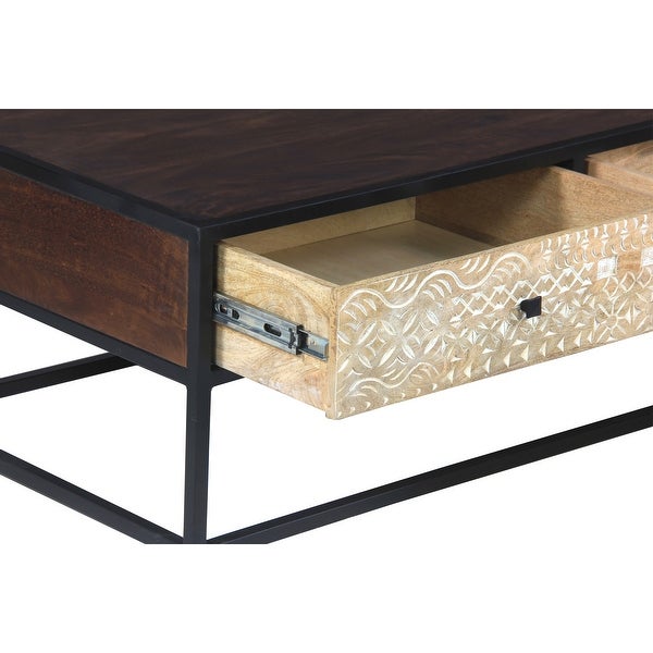 45 Inch Carson Rectangular Mango Wood Coffee Table with Metal Frame and 2 Drawers， Brown and Black