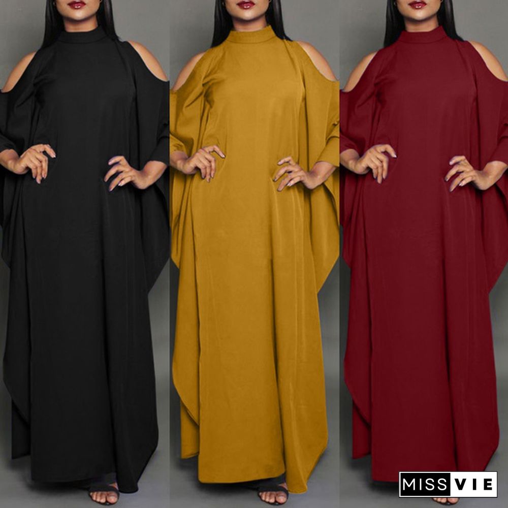 Spring Autumn Women Cold Off Shoulder Long Dress Batwing Long Sleeve Party Elegant Casual Loose Maxi Dresses Plus Size