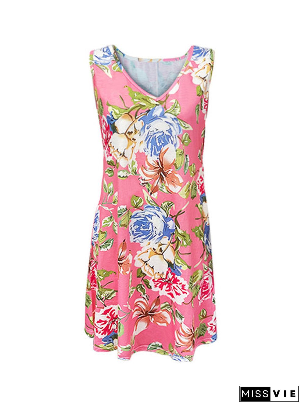 Women Sleeveless V-neck Floral Printed Midi Dress