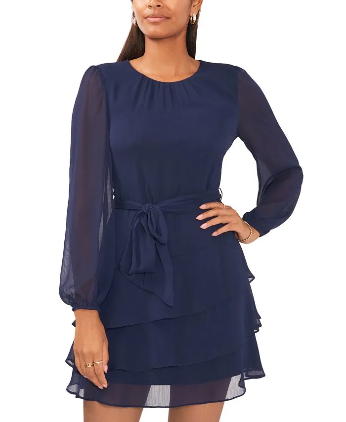 Petite Long-Sleeve Tie-Waist Ruffled Mini Dress