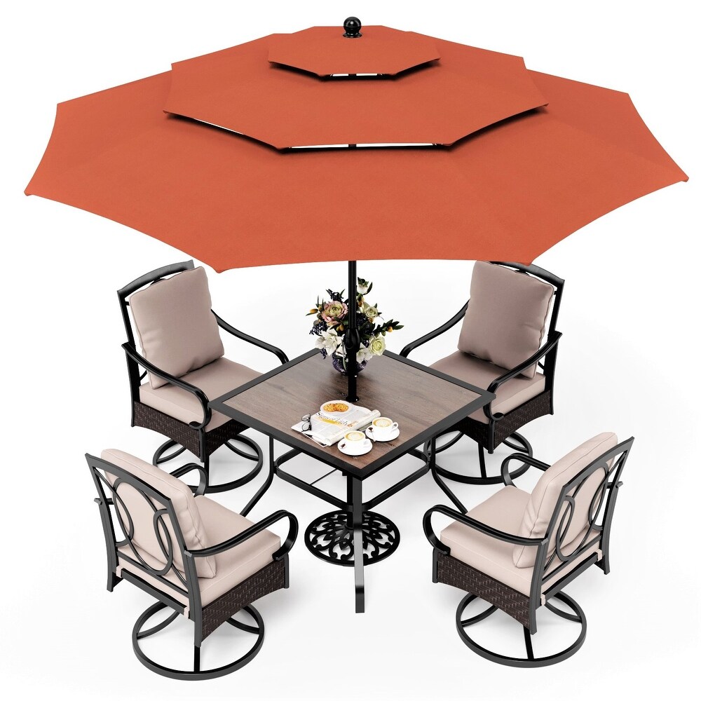 5 Piece Patio Dining Set of 4 Swivel Rattan Chairs with Deep seating and Back Cushions and 1 Wood like Table Top   N/A