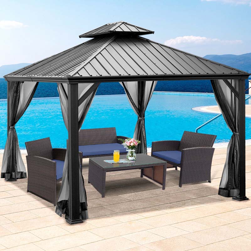 12 x 10 FT Hardtop Gazebo with Netting & Central Hook, 2-Tier Outdoor Patio Metal Gazebo Canopy Tent